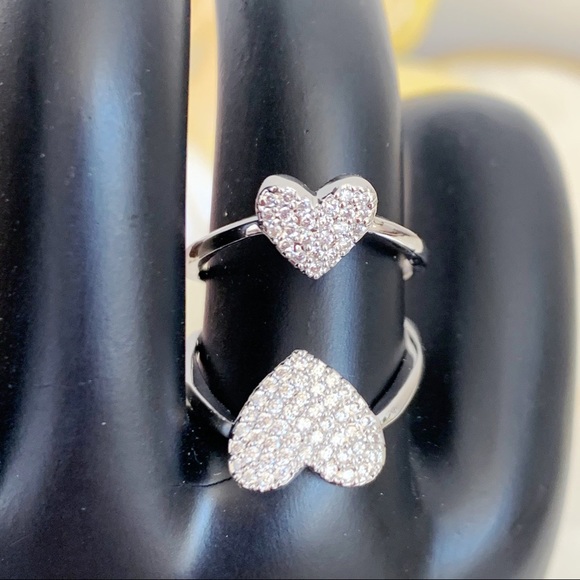 Rhodium Plated CZ Silver Tone Double Heart Ring 6 - Picture 1 of 4